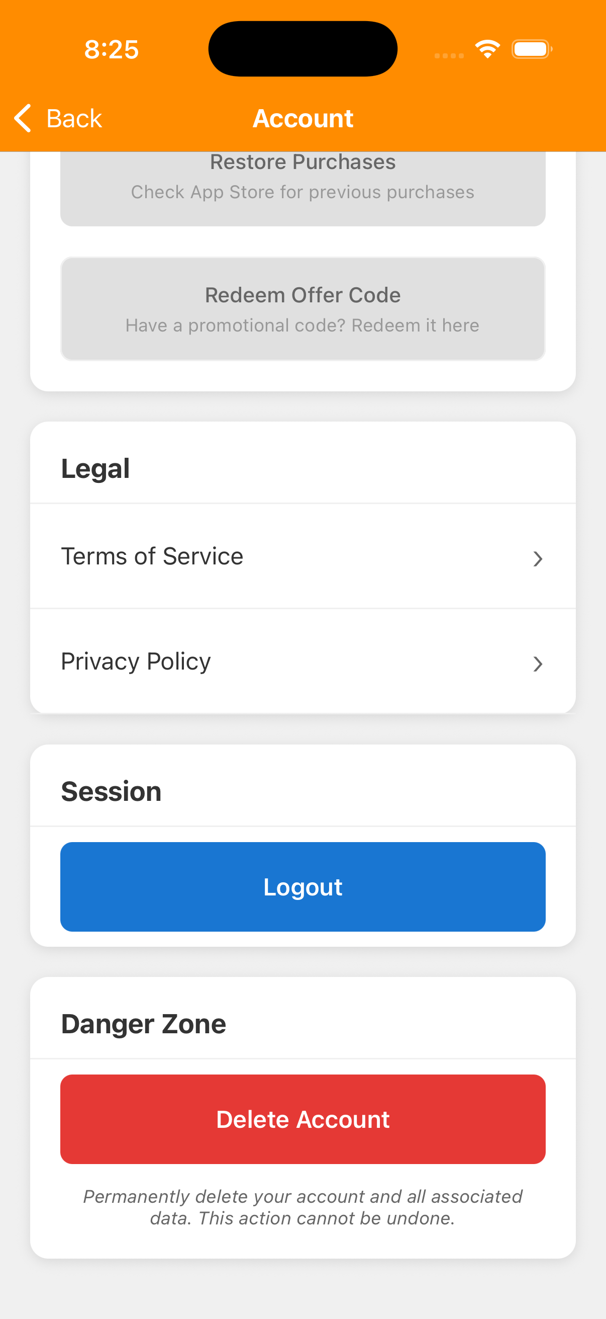 Account screen with Terms of Service and Privacy Policy under Legal, Logout under Session, and Delete Account under Danger Zone.