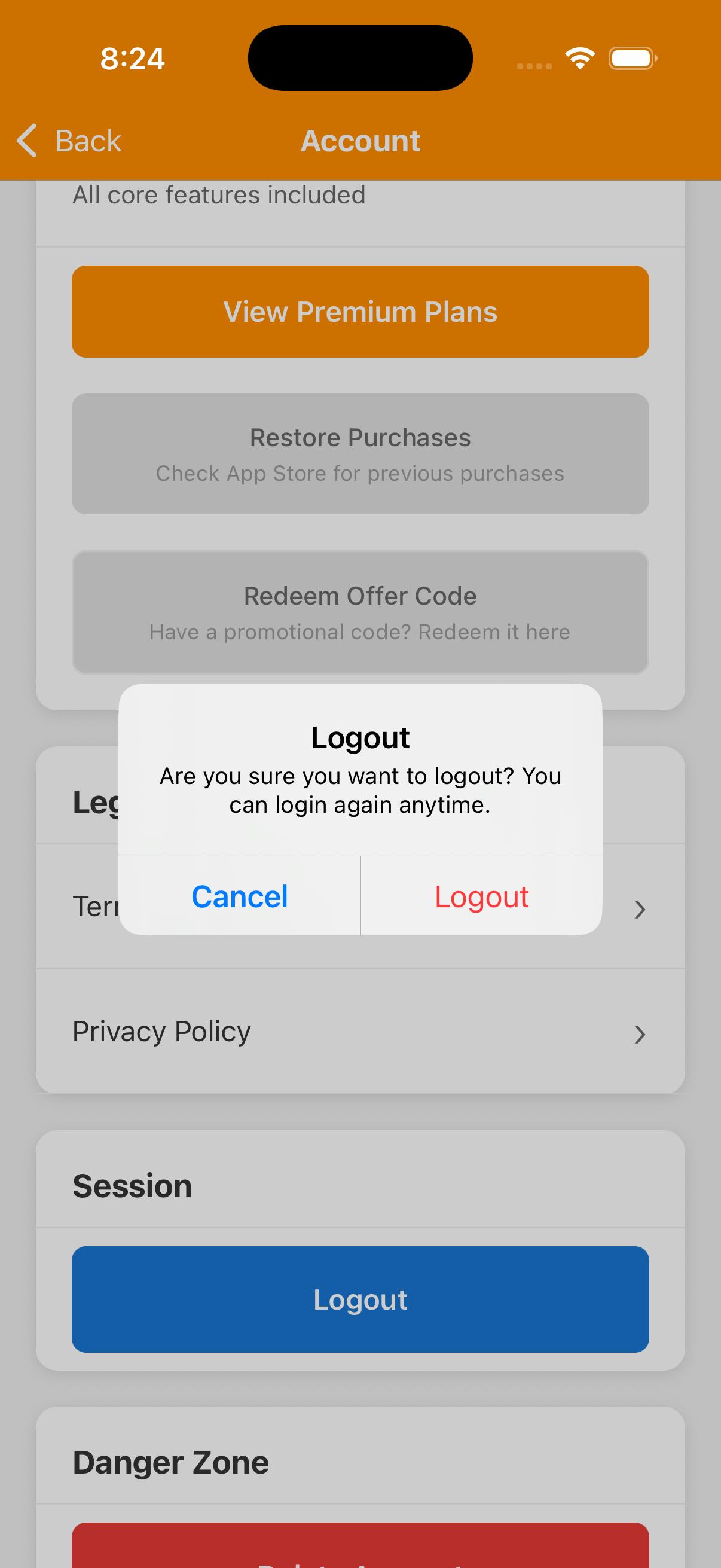 Logout confirmation asking whether to sign out, with Cancel and Logout buttons. The Account screen remains behind it.