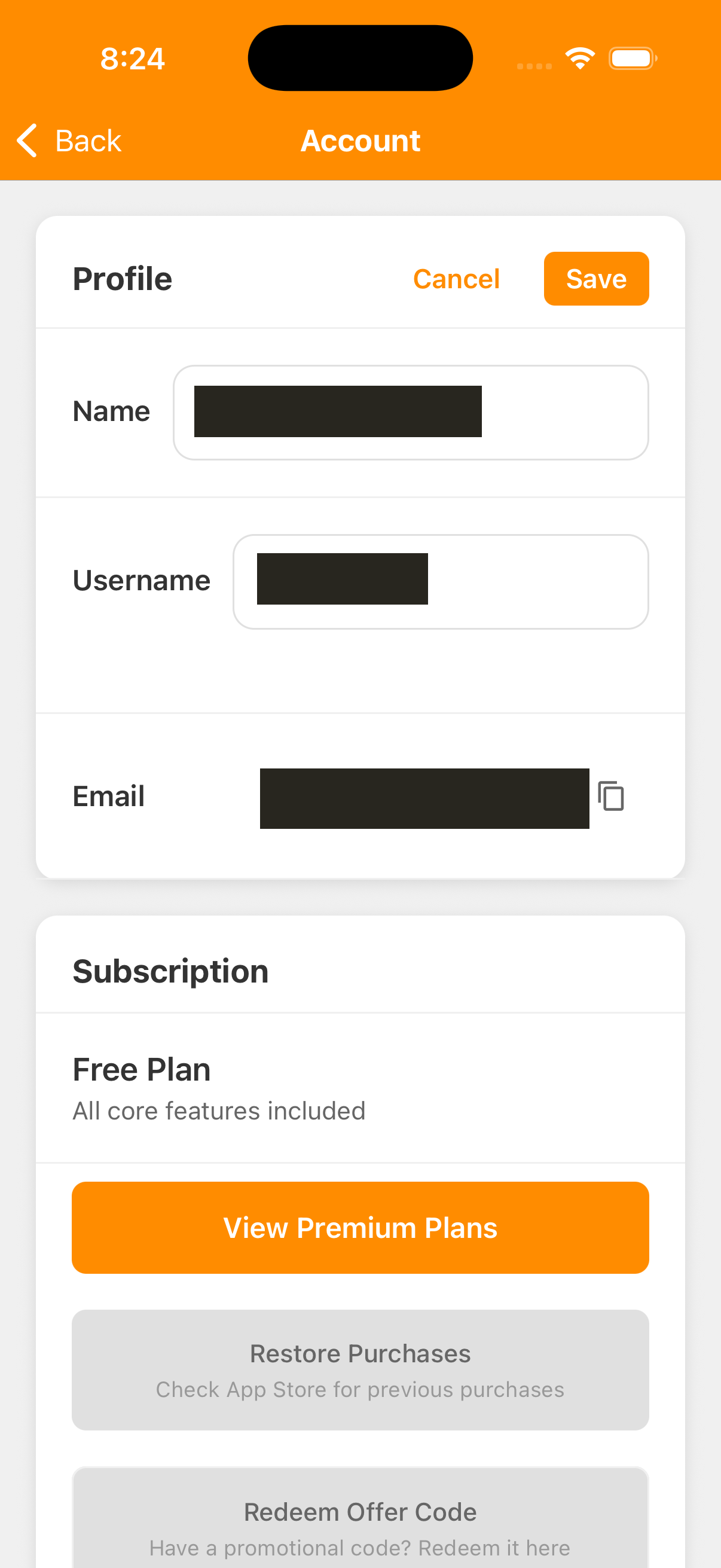 Account Profile in edit mode, with Cancel and Save above the Name and Username fields. Account identifiers are hidden.