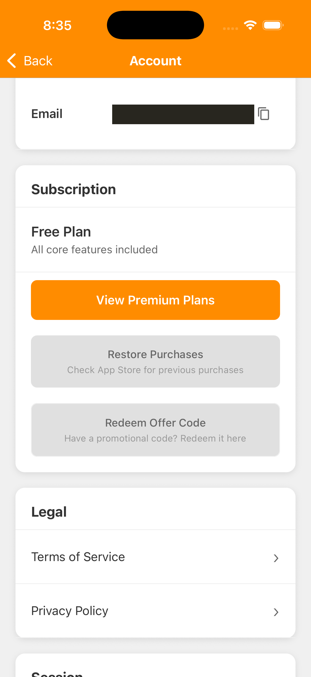 Subscription section showing Free Plan and View Premium Plans, with Restore Purchases and Redeem Offer Code below.