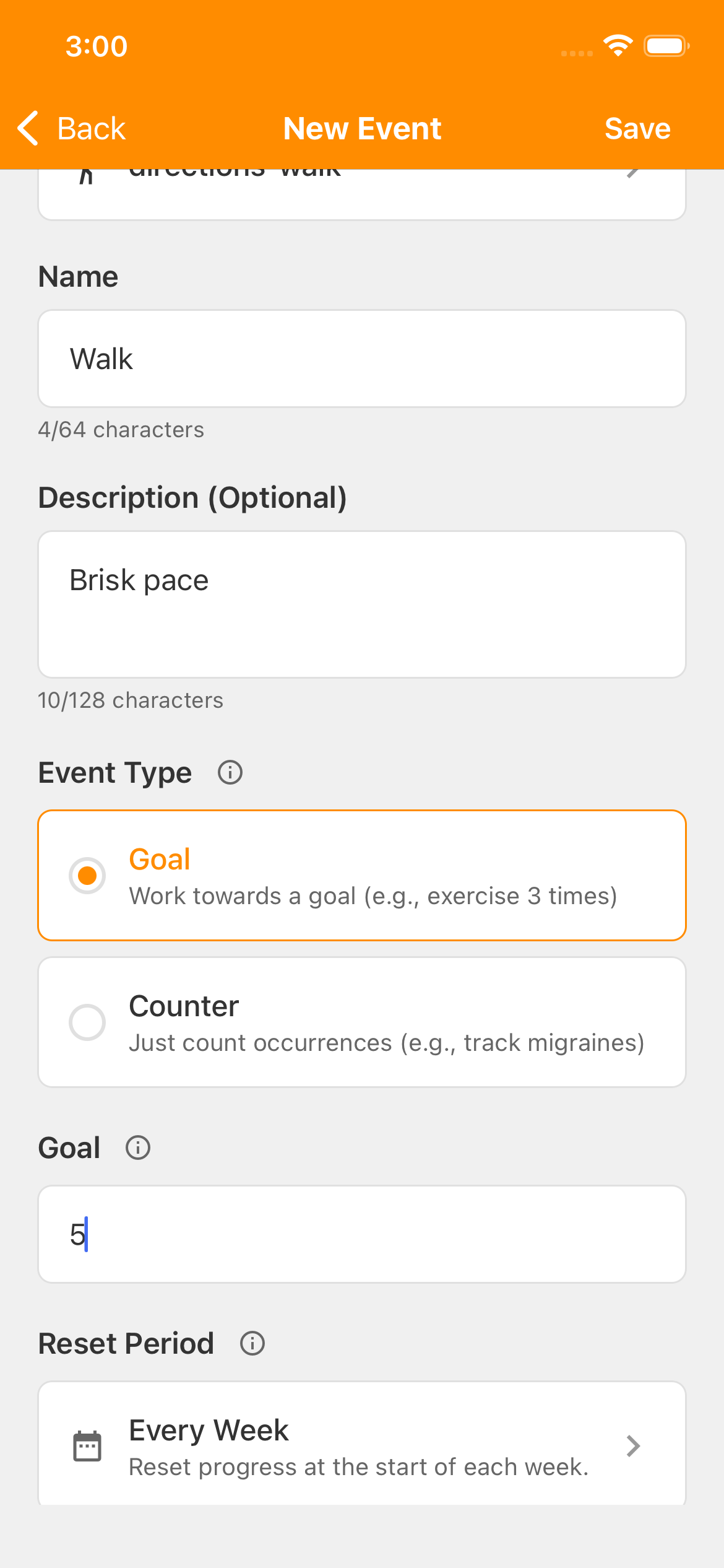 New Event form with Name Walk and Description (Optional) Brisk pace. Name uses 4 of 64 characters; Description uses 10 of 128.