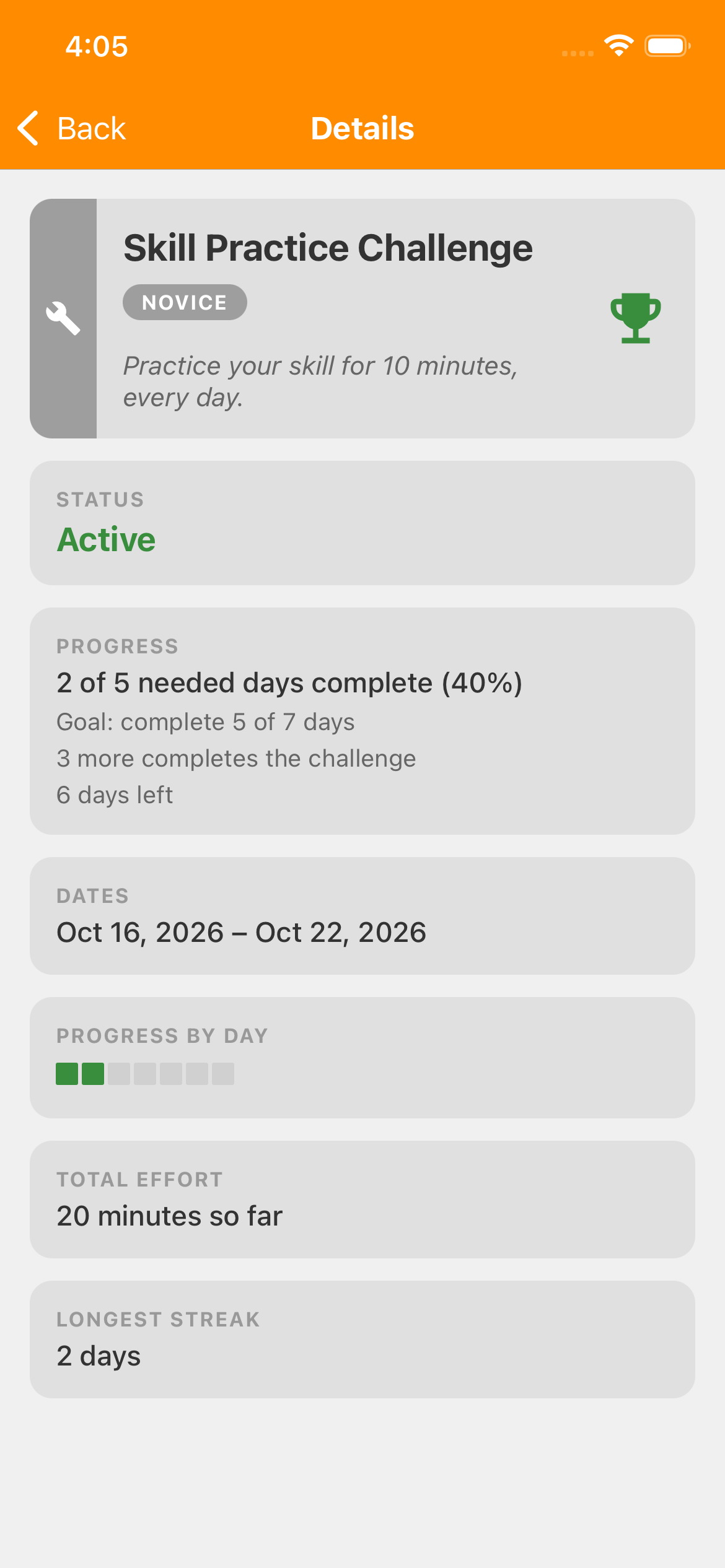 Skill Practice Details showing two of five needed days complete, the date range, remaining days and a daily progress grid.