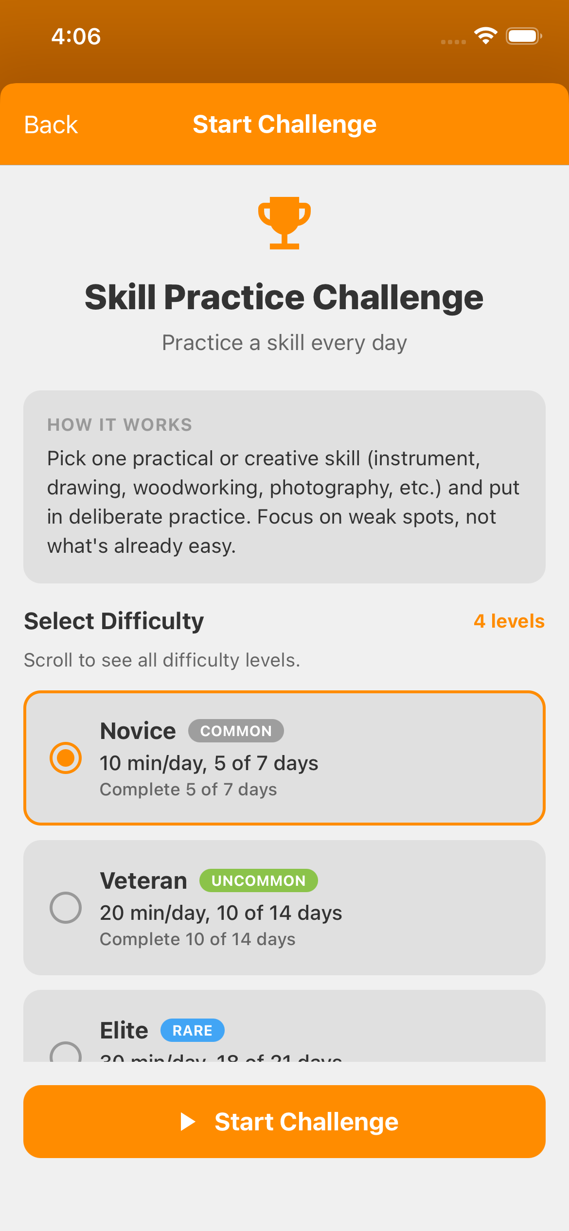 Skill Practice on Start Challenge, showing its instructions and Novice selected: ten minutes a day on five of seven days. Higher difficulties are unlocked in this Premium example.