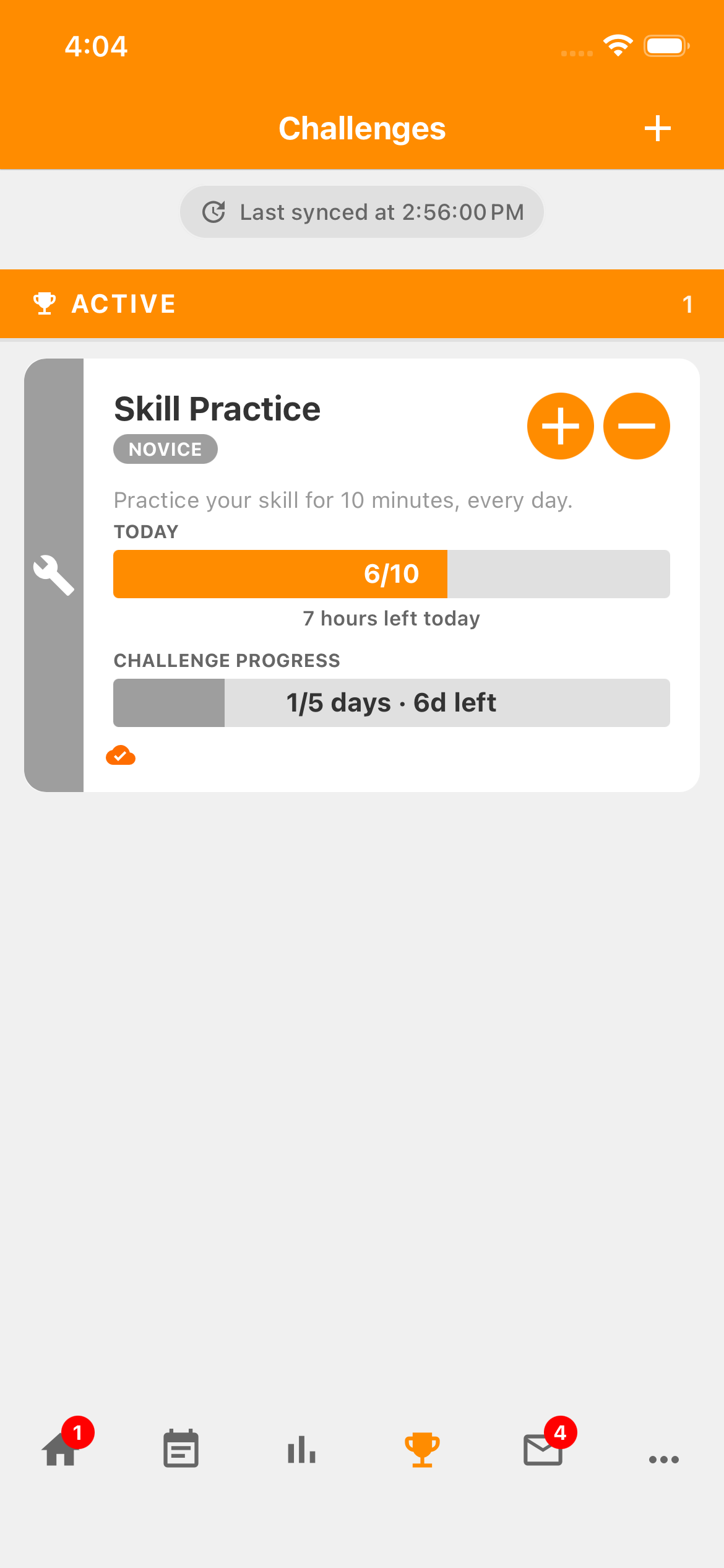 Skill Practice card with Today six of ten, and Challenge progress one of five days from yesterday.
