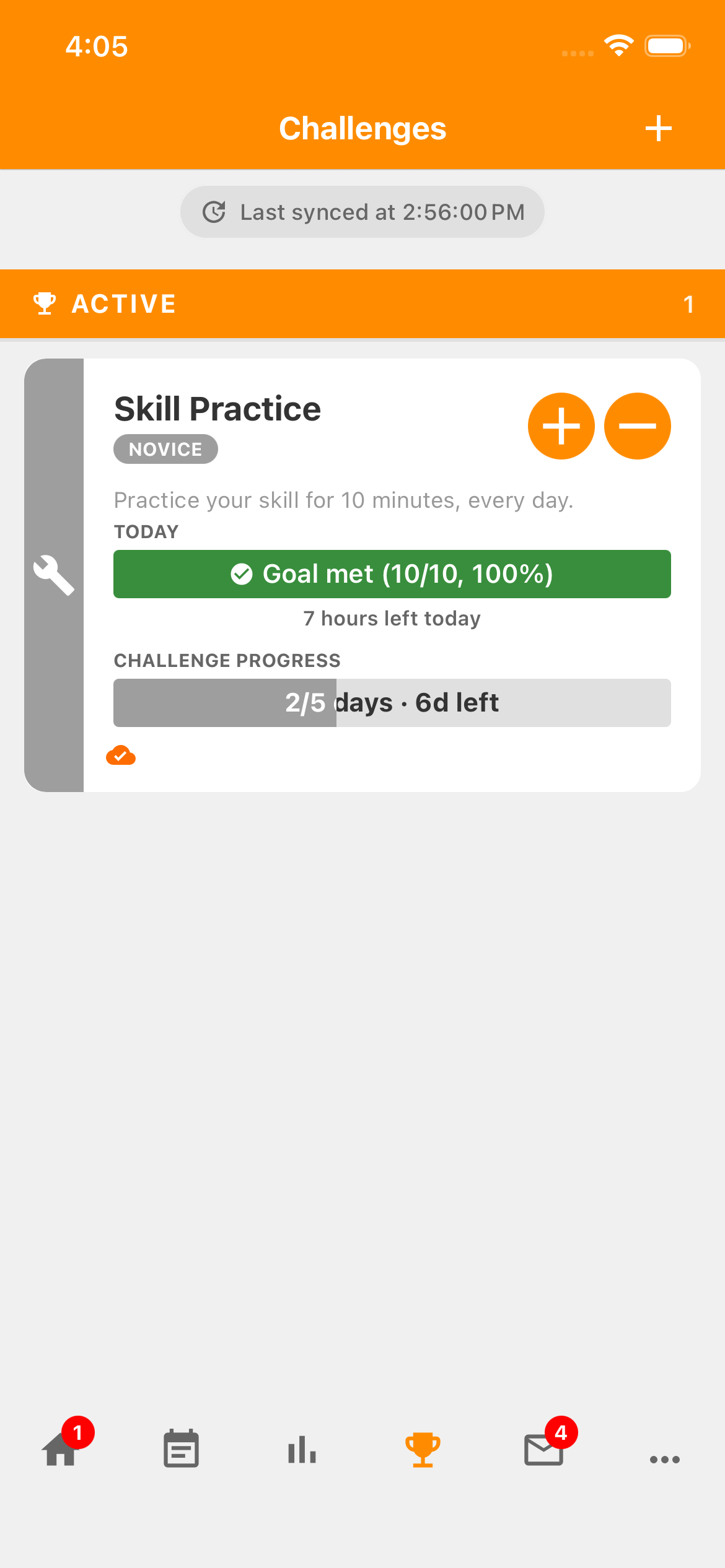 Skill Practice card with Today Goal met ten of ten and Challenge progress two of five days.