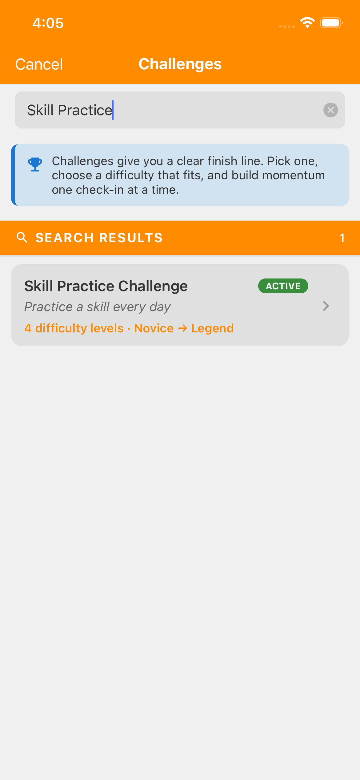 Challenge catalog searched for Skill Practice, with one Skill Practice Challenge result offering four difficulty levels.