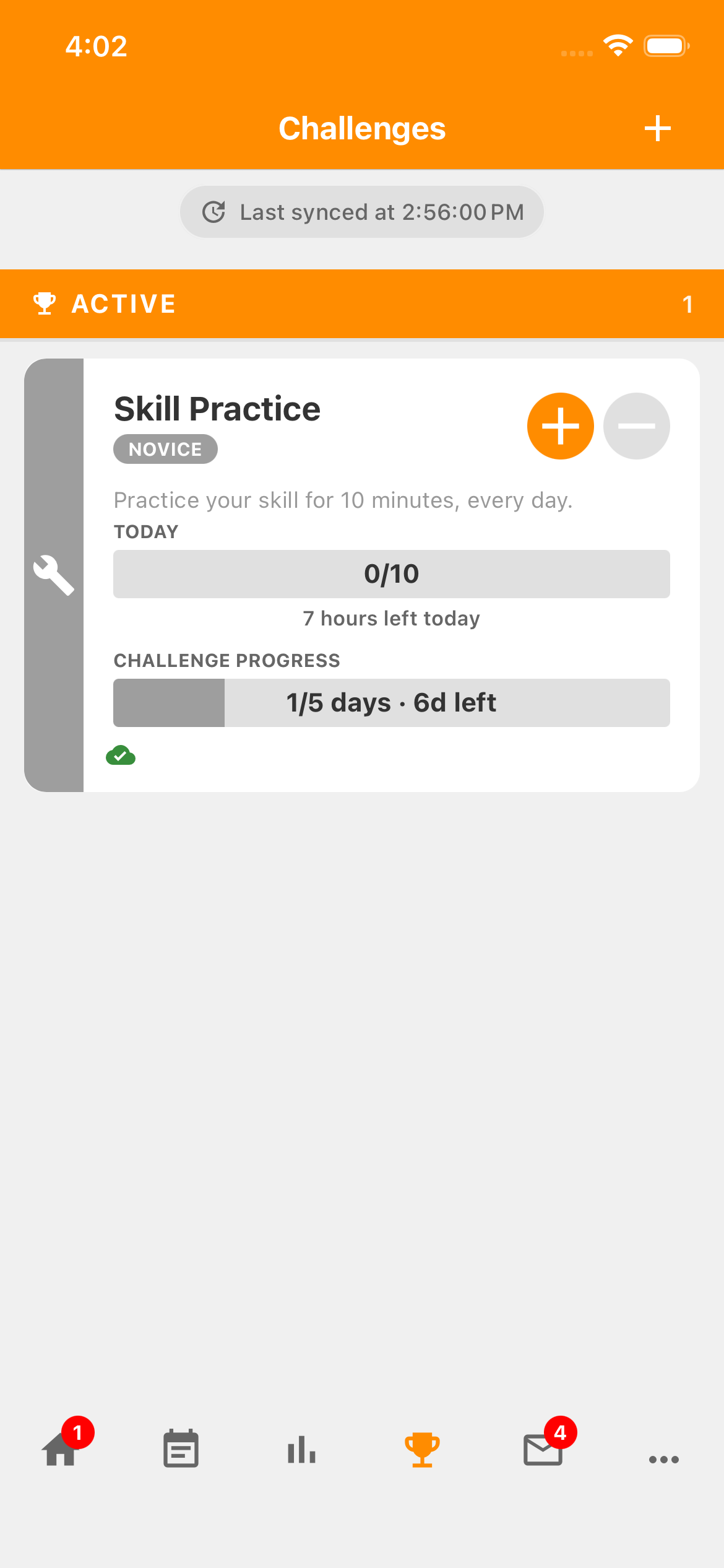 Active Novice Skill Practice card showing Today zero of ten and Challenge progress one of five days from yesterday.