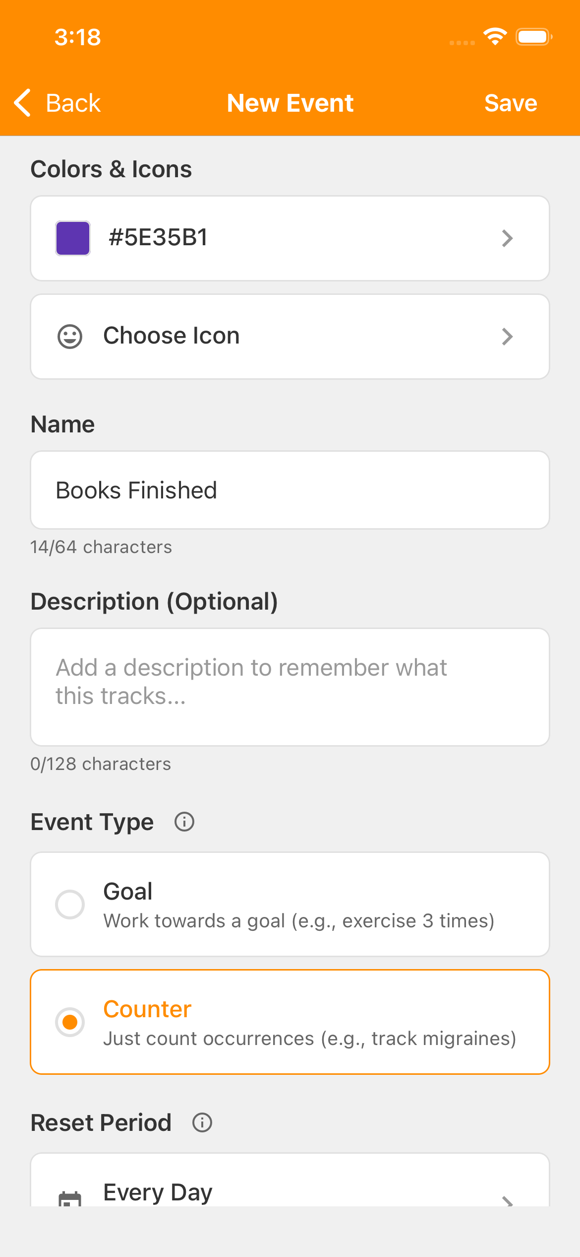 New Event form with Name Books Finished and Counter selected under Event Type. There is no Goal input. Reset Period is still Every Day before the next step.