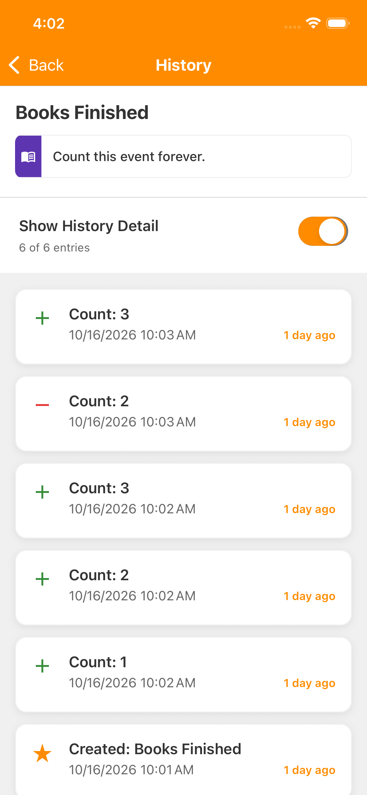 Books Finished History with Show History Detail on and six of six entries. From newest: plus Count 3, minus Count 2, plus Count 3, plus Count 2, plus Count 1, and Created: Books Finished.