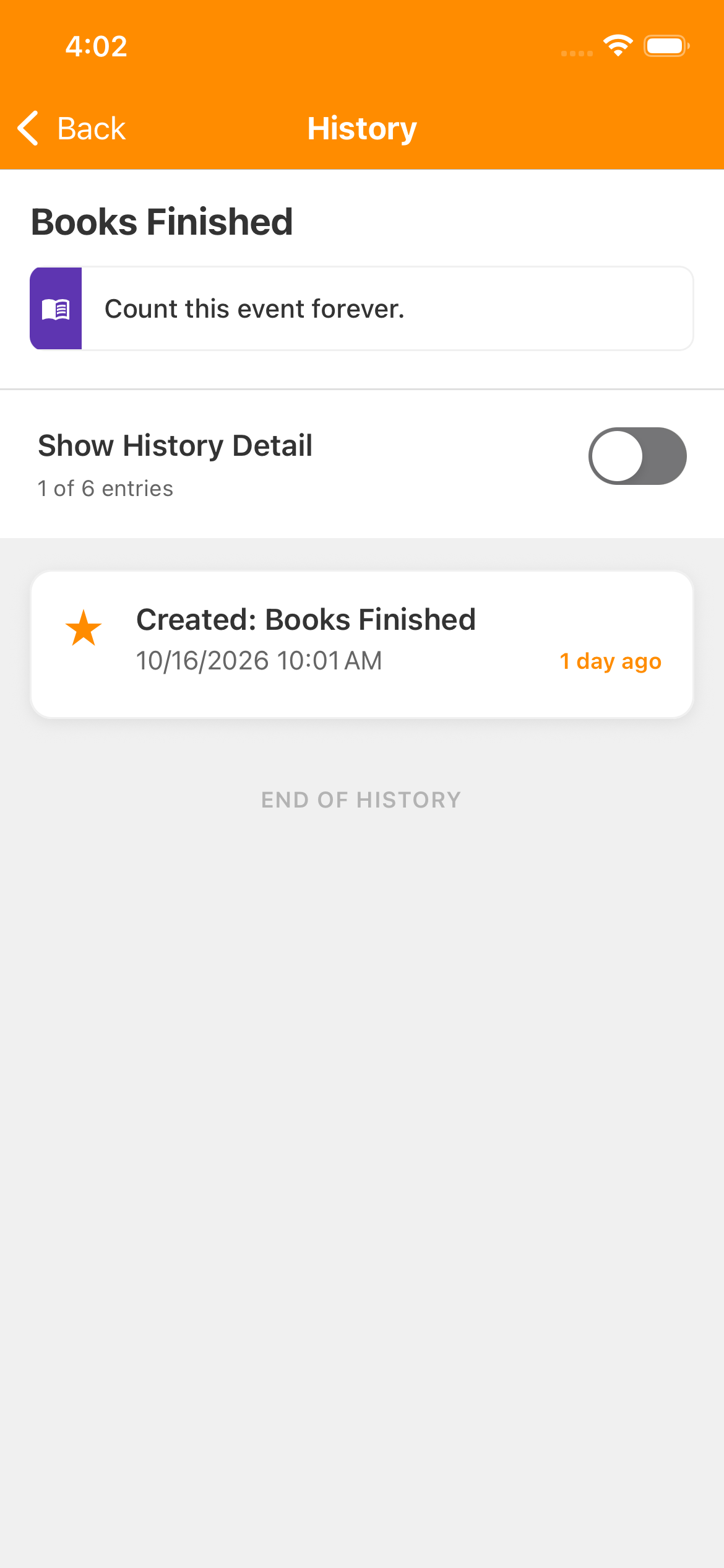 Books Finished History with Show History Detail off, one of six entries visible, and only Created: Books Finished listed. The detail switch is outlined.