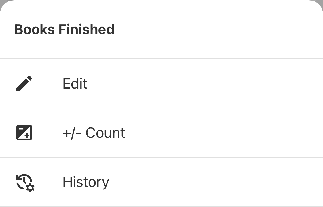 Books Finished menu with Edit, plus/minus Count, and the History option outlined.