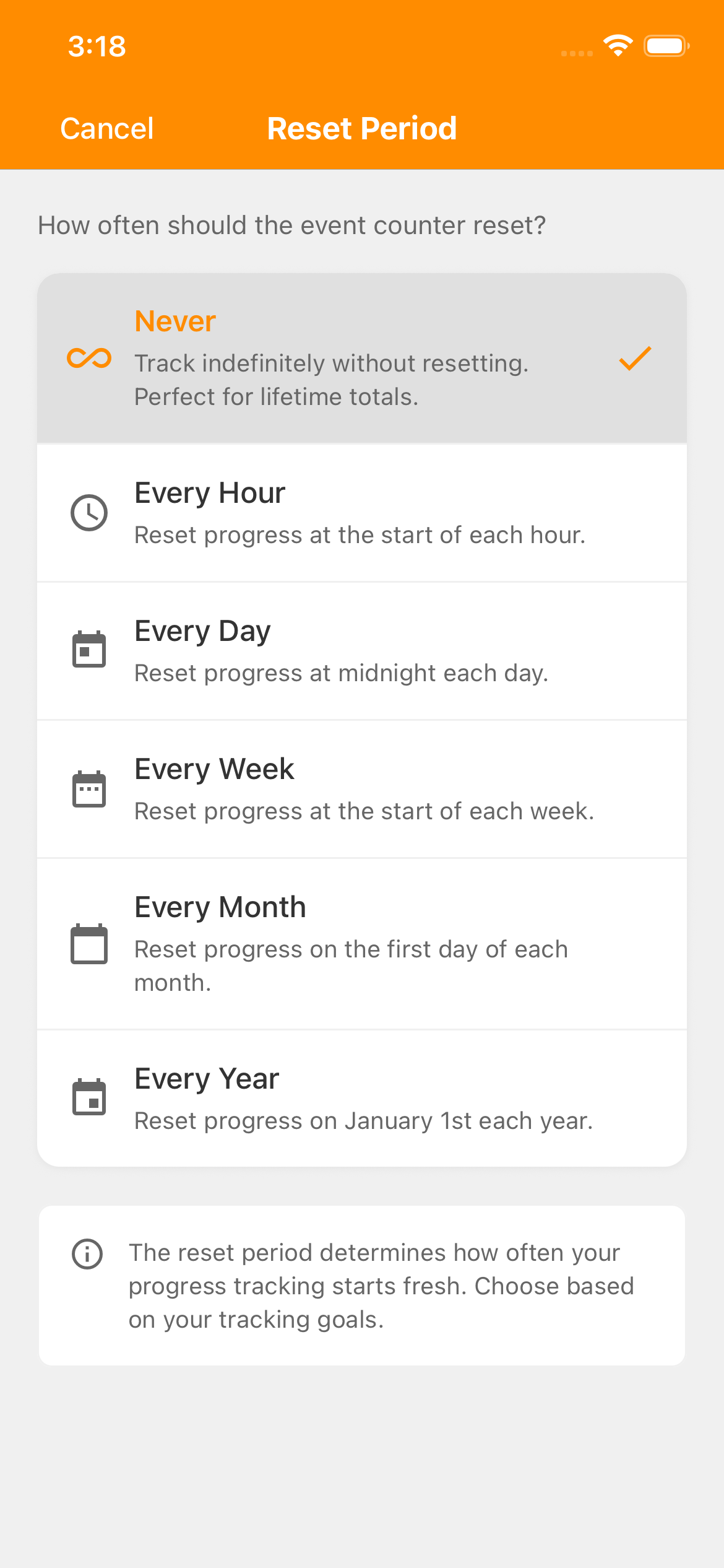 Reset Period picker with Never checked: track indefinitely without resetting.