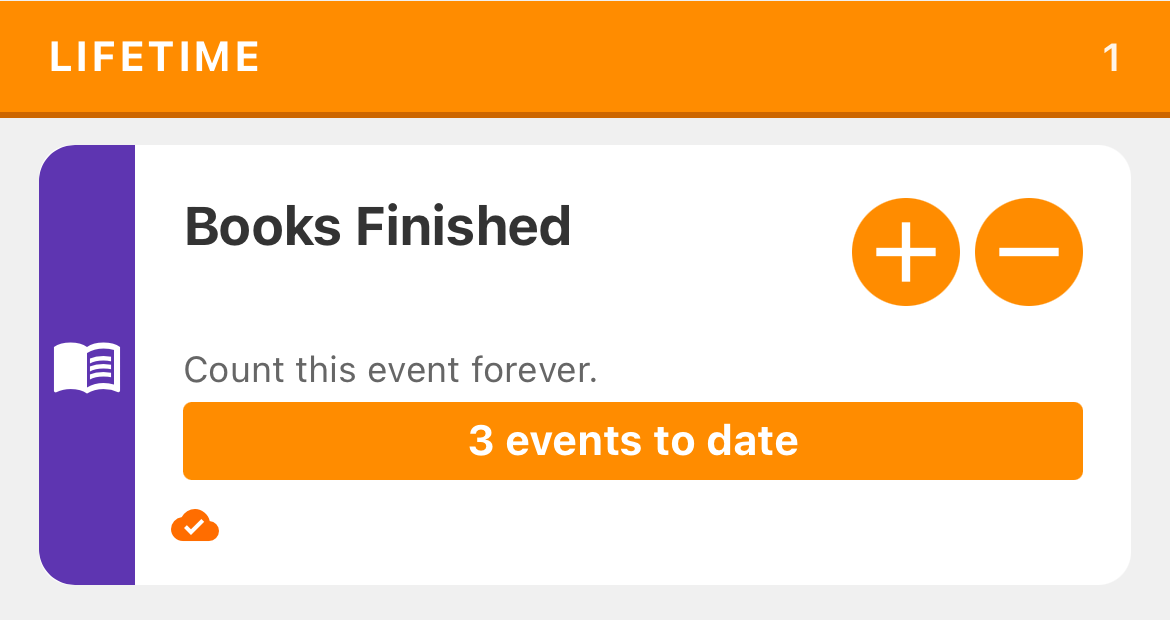 Books Finished card in the Lifetime group, showing 3 events to date. Its plus button is outlined beside the minus button.