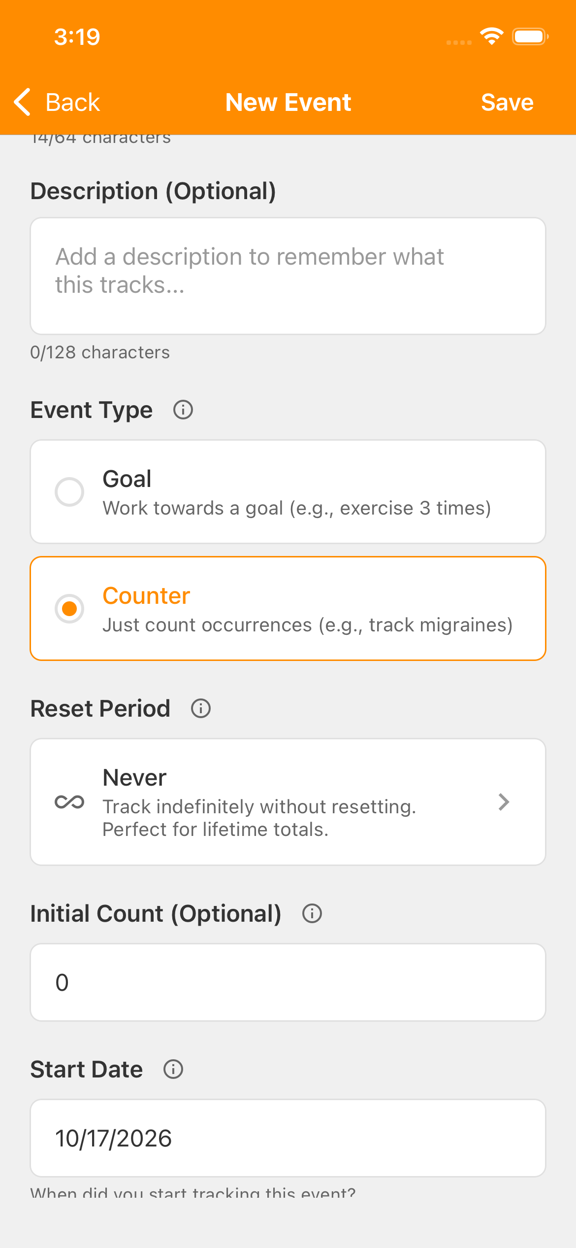 New Event form with Counter selected, Reset Period Never, Initial Count 0, and Start Date October 17, 2026. Save is in the top-right corner.