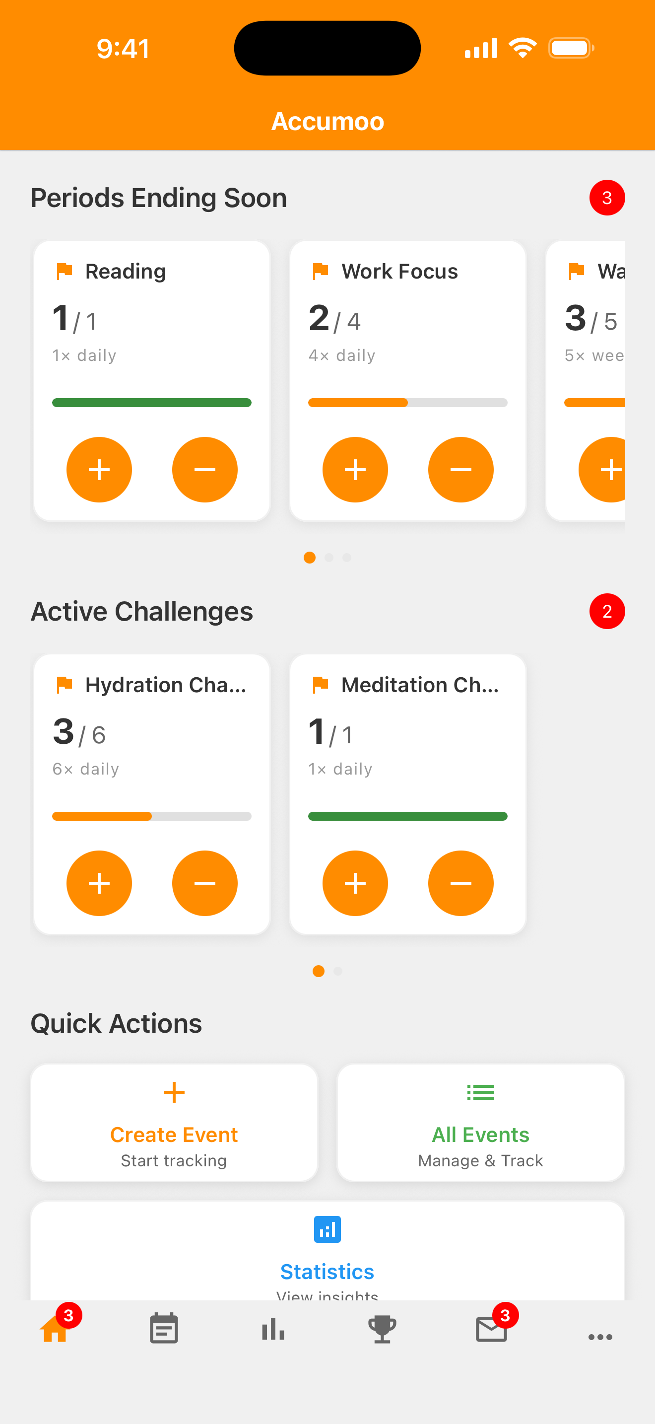 Accumoo Home bottom bar with the calendar-shaped Events icon circled, second from the left. The trophy-shaped Challenges icon is farther right.