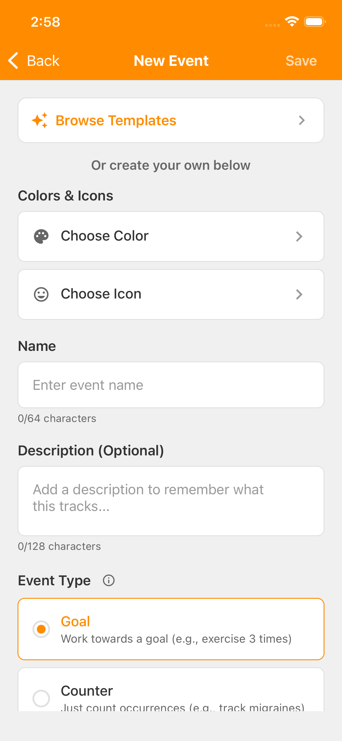 New Event screen. Browse Templates is the first button below the orange header.