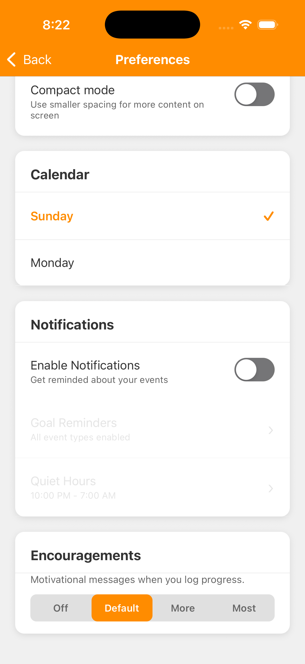 Notifications section with Enable Notifications off. Goal Reminders and Quiet Hours are faded and unavailable.