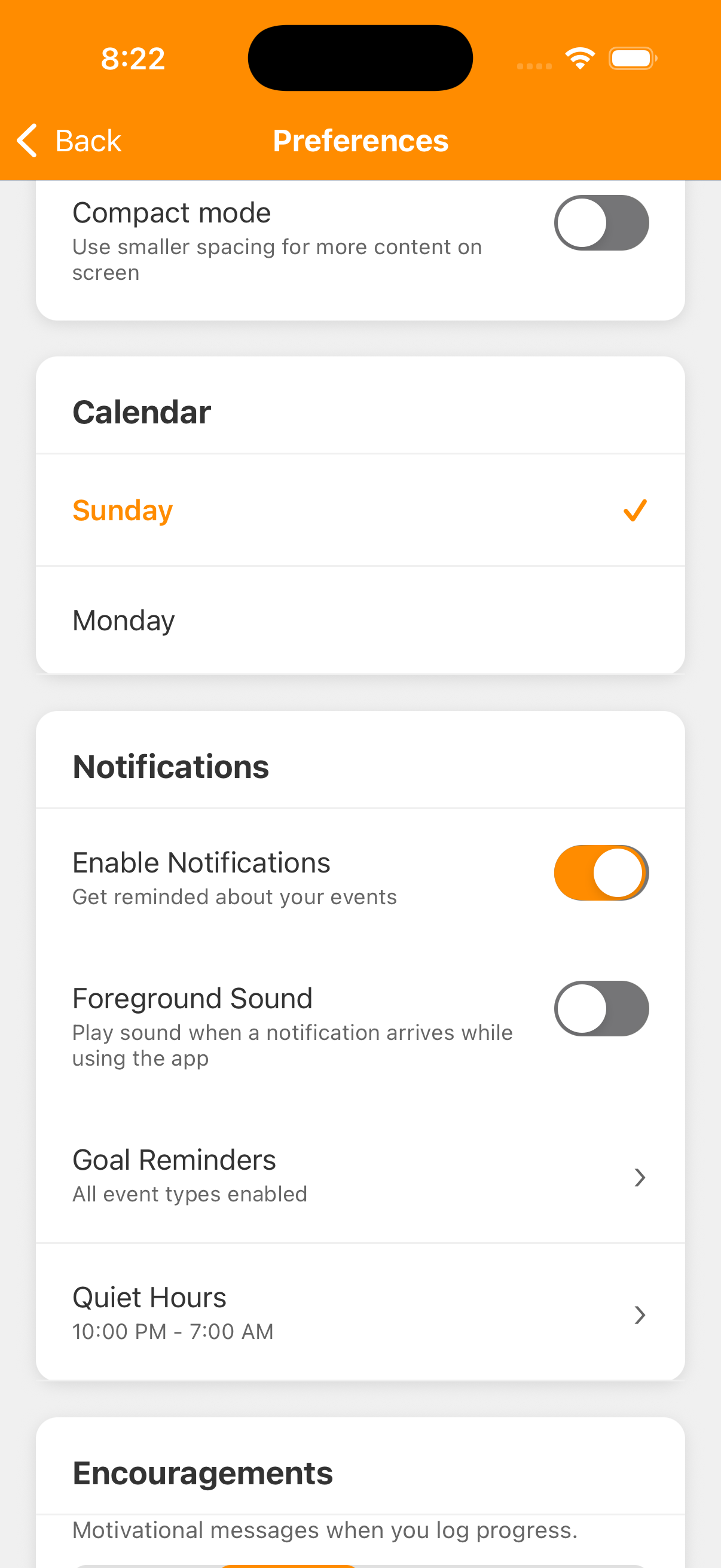 Notifications section with Enable Notifications on, Foreground Sound off, and Goal Reminders and Quiet Hours available.