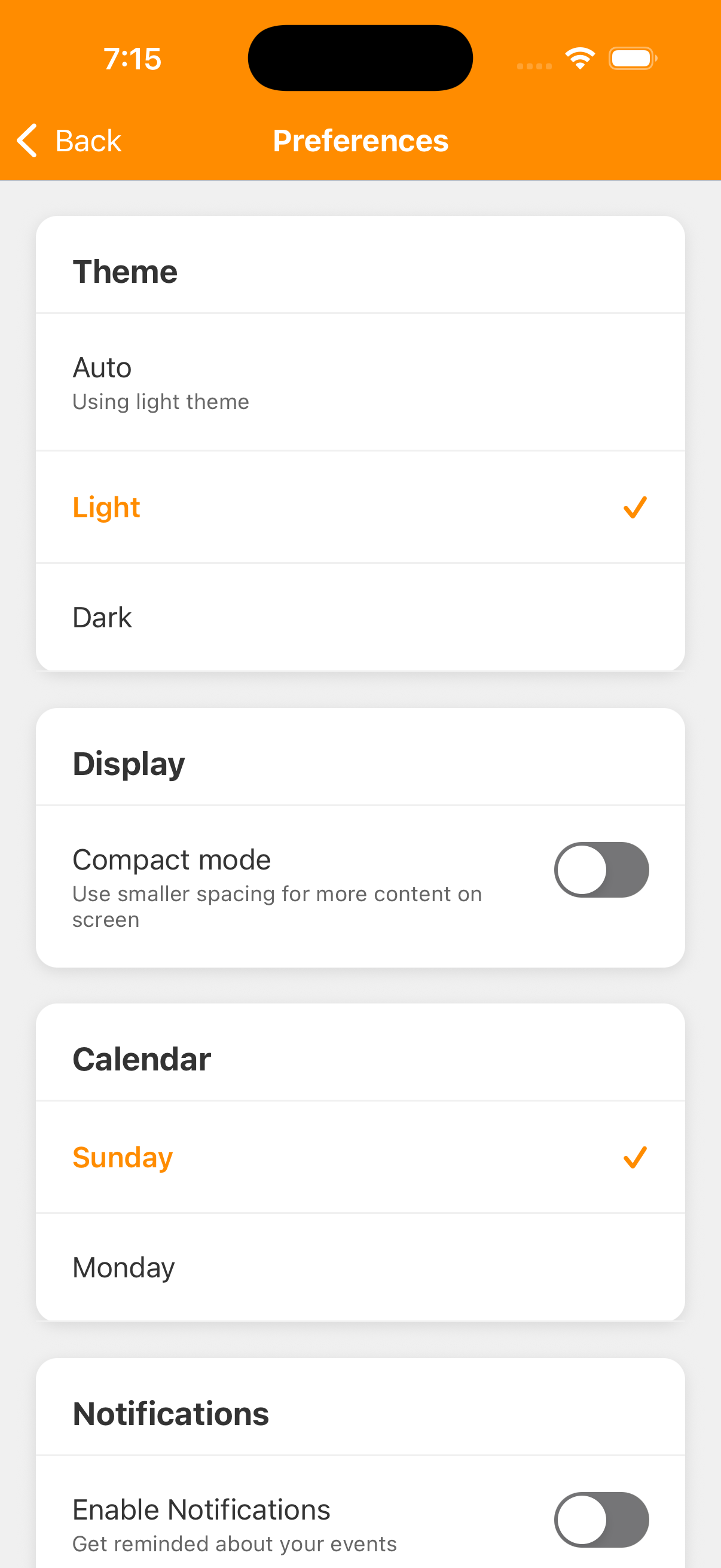 Preferences screen showing Auto, Light selected and Dark under Theme; Compact mode off; Sunday selected and Monday under Calendar; Enable Notifications off below.