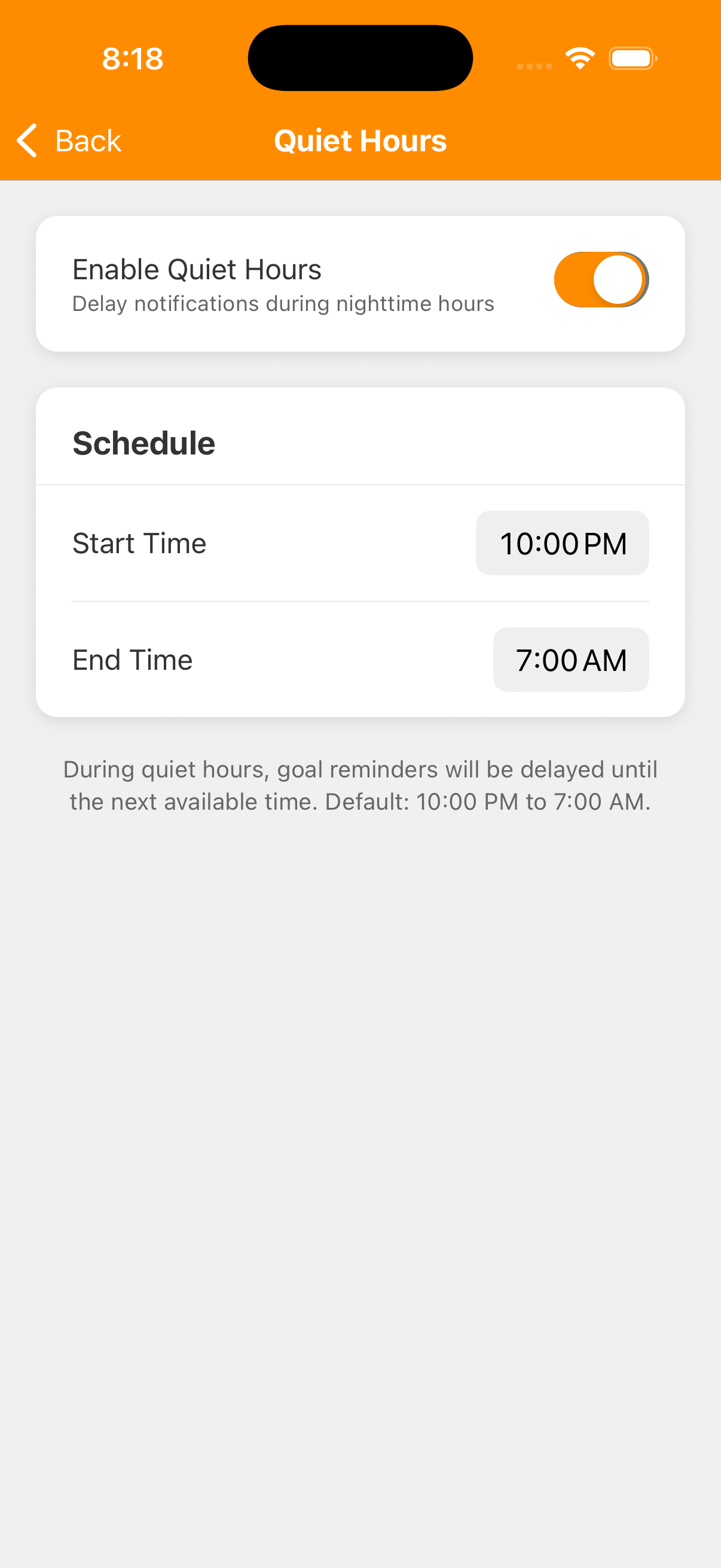 Quiet Hours screen with Enable Quiet Hours on, Start Time 10:00 PM and End Time 7:00 AM.
