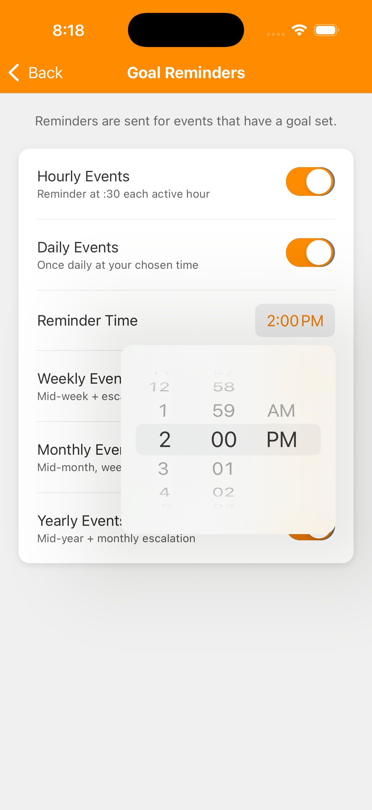 Goal Reminders screen with the Reminder Time wheel picker open, showing 2 hours, 00 minutes and PM selected.