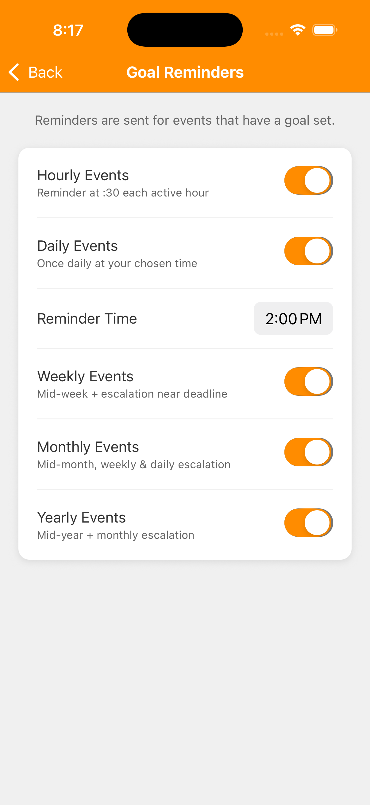 Goal Reminders screen with Hourly, Daily, Weekly, Monthly and Yearly Events switches on. The daily Reminder Time is 2:00 PM.