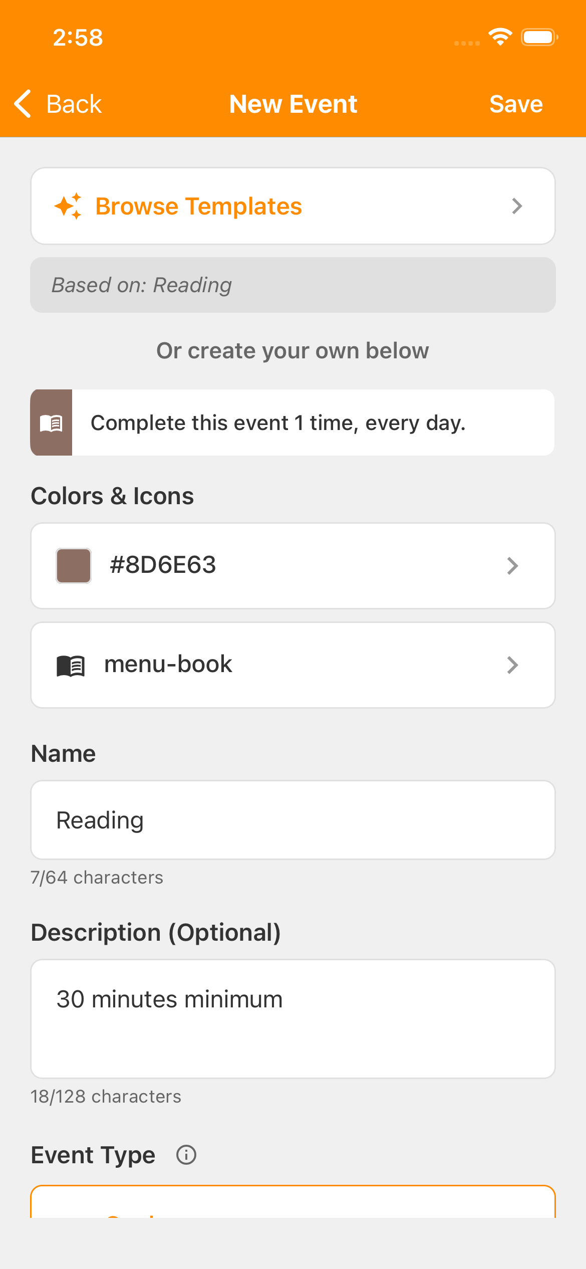 New Event screen after selecting Reading. Based on: Reading appears below Browse Templates. Name is Reading and Description is 30 minutes minimum; Save is at the top right.