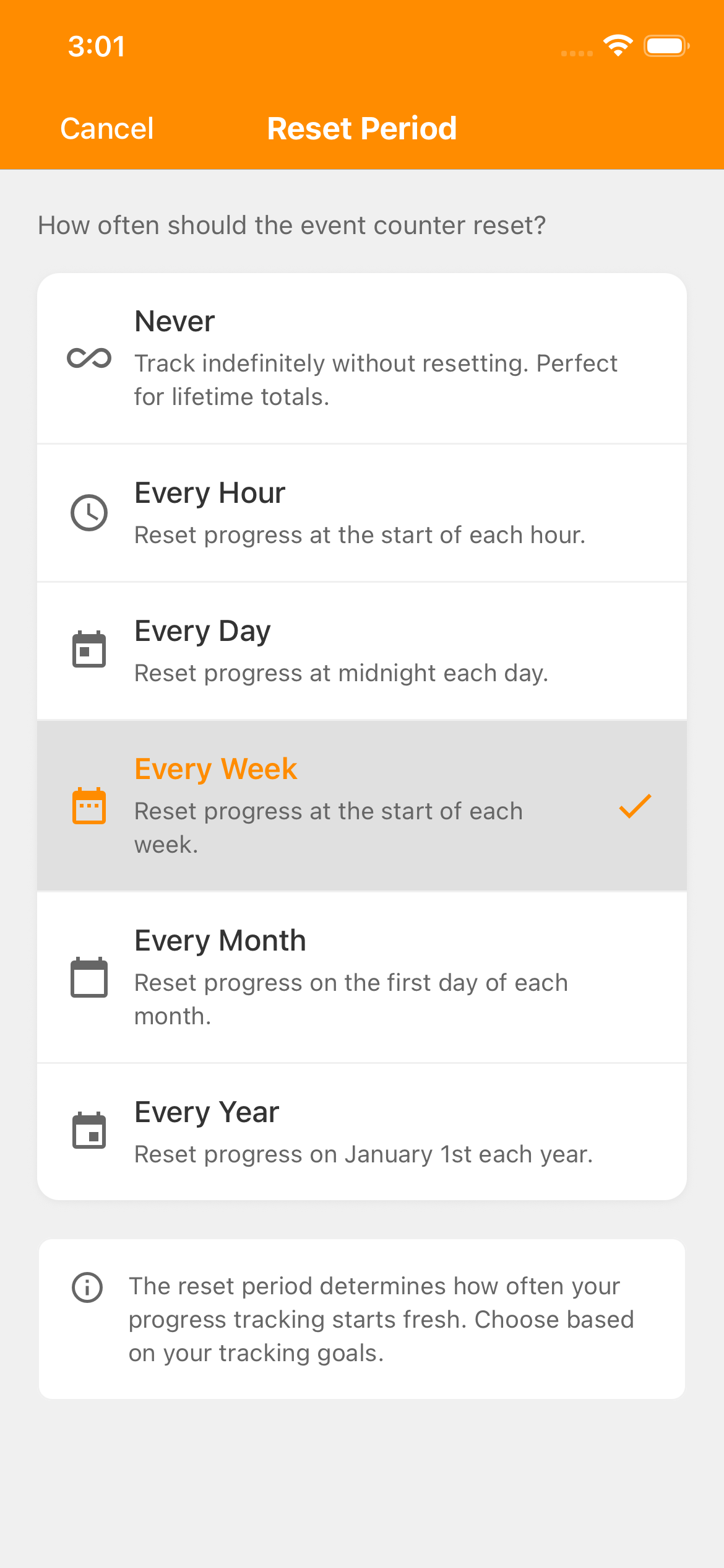 Reset Period choices. Every Day starts a new count at midnight each day; Every Week is selected with a checkmark and starts a new count at the beginning of each week.