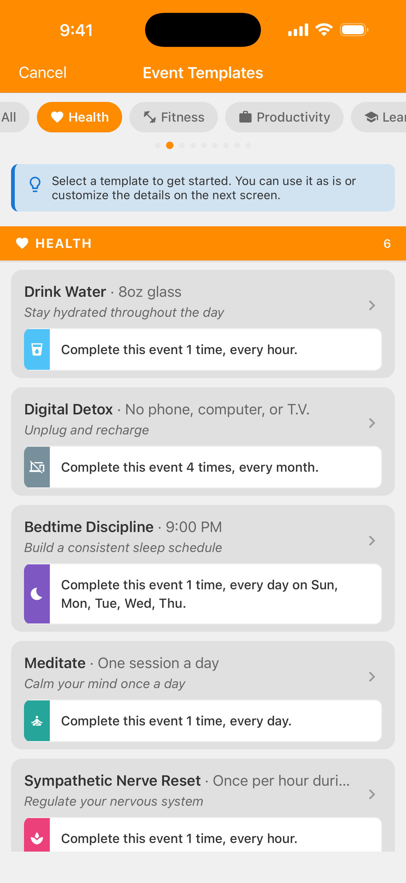 Event Templates with Health selected in orange in the category row and the Health templates listed underneath. Walk is farther down this list.