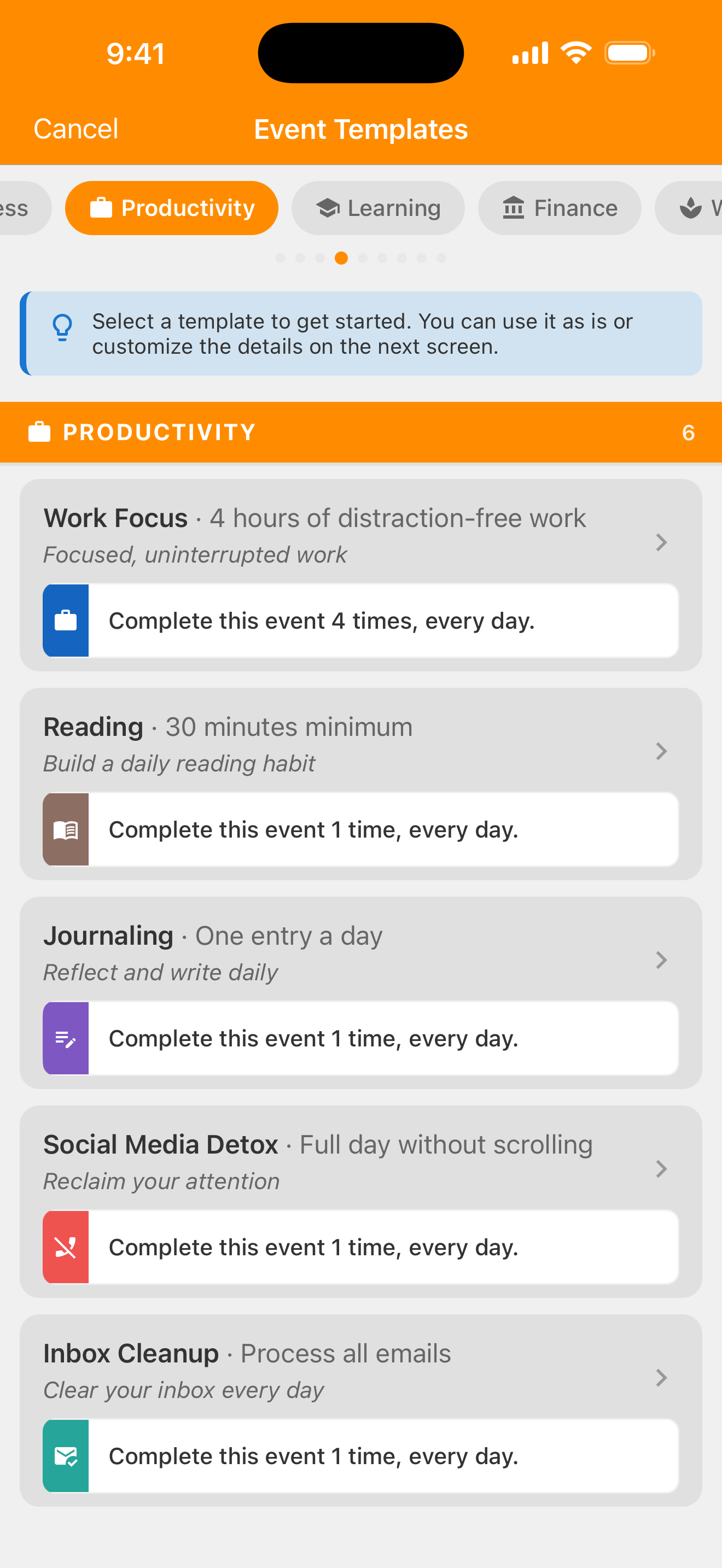 Event Templates with Productivity selected in orange in the category row. Reading, with 30 minutes minimum and a goal of one each day, is visible below Work Focus.