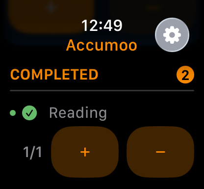 Completed heading with a count of two; Reading shows a green checkmark, 1/1 and compact plus and minus buttons.
