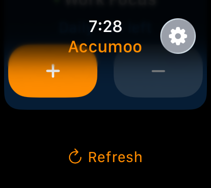 Orange Refresh control at the bottom of the Accumoo Watch activity list.