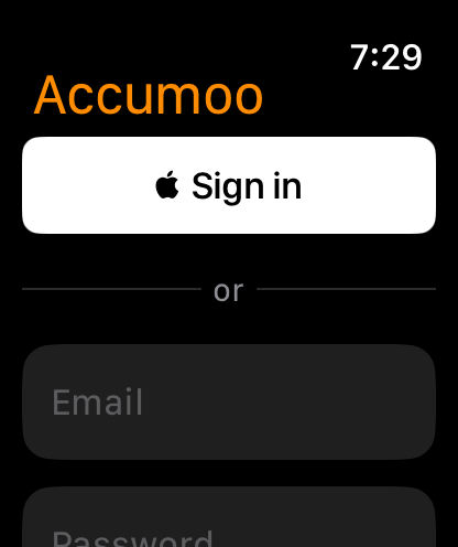 Accumoo Watch sign-in screen with Sign in with Apple above the empty Email field.