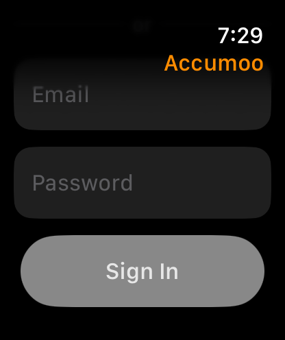 Empty Email and Password fields above a disabled Sign In button, lower on the Watch sign-in screen.