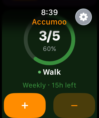 Walk Watch card showing 3/5, 60%, Weekly · 15h left, plus on the left and minus on the right.