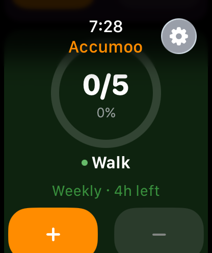 Walk Watch card shows 0/5, 0%, Weekly · 4h left, an orange plus on the left and a disabled minus on the right.
