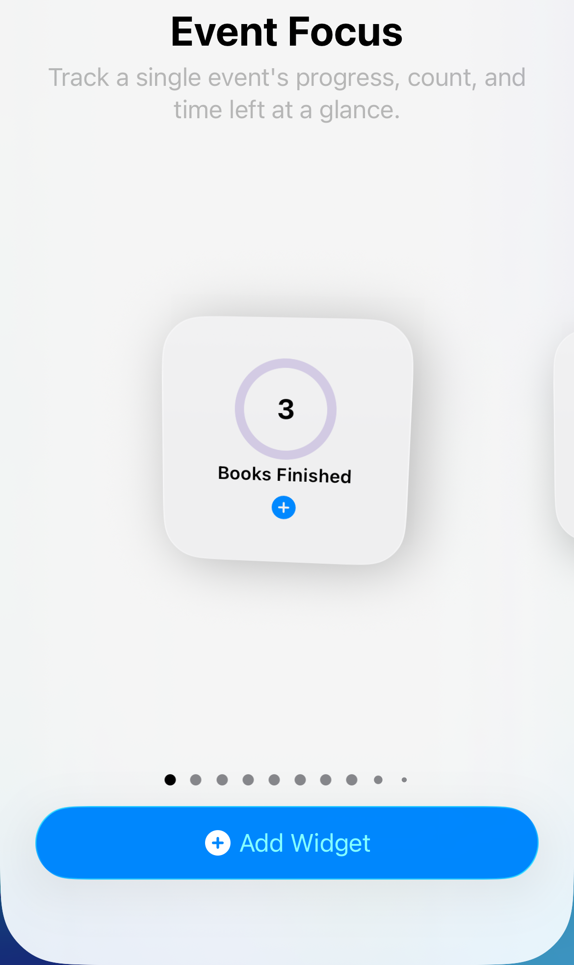 Event Focus in the iOS widget gallery, with a small square preview and an Add Widget button.