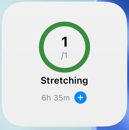 Stretching widget after one plus tap, showing 1/1 with a full green ring.