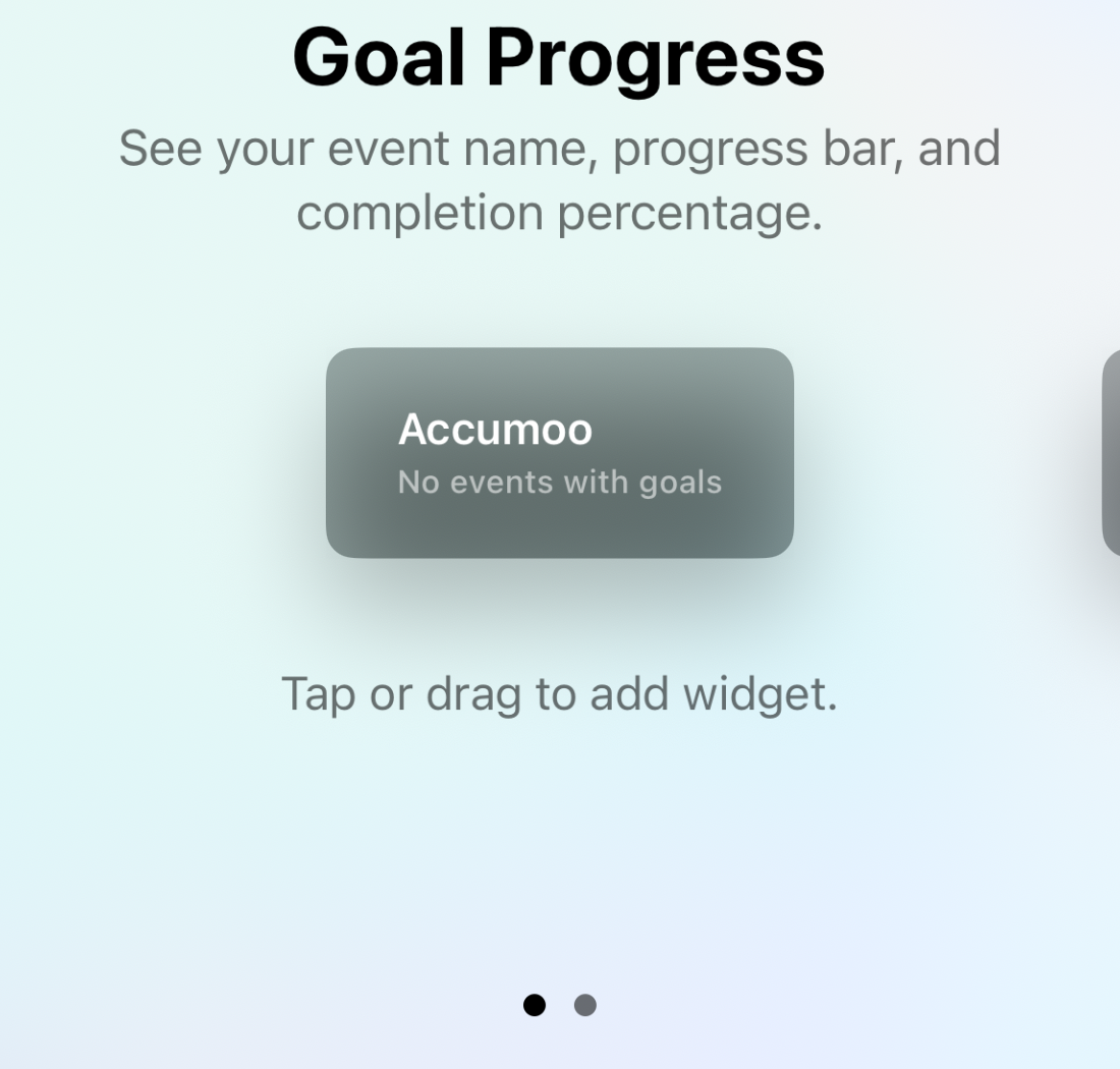 Goal Progress gallery with a rectangular preview reading Accumoo, No events with goals, and the instruction Tap or drag to add widget.