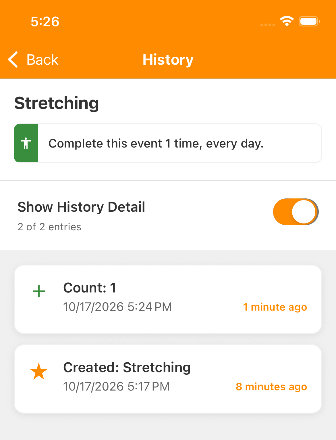 Stretching History with Show History Detail on, a Count: 1 entry and the original Created: Stretching entry.