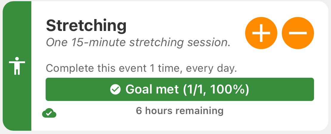 Stretching activity card in Accumoo shows Goal met, 1/1, 100%.