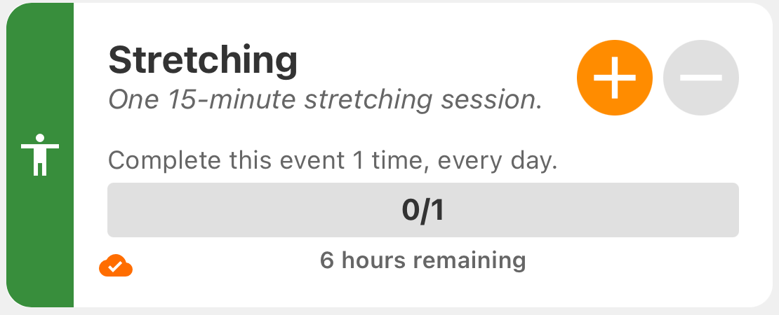 Stretching activity card: One 15-minute stretching session, daily goal of one, count 0/1.